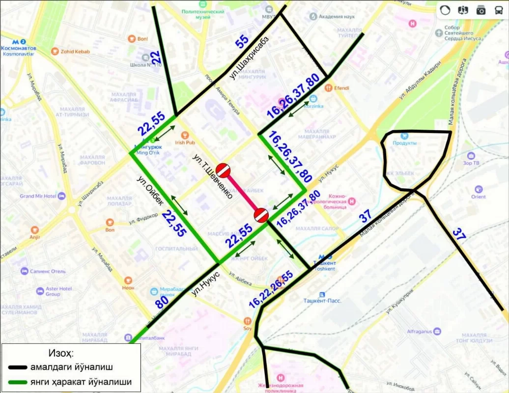 Toshkentdagi ayrim avtobus yoʻnalishlari harakati vaqtincha oʻzgartirildi