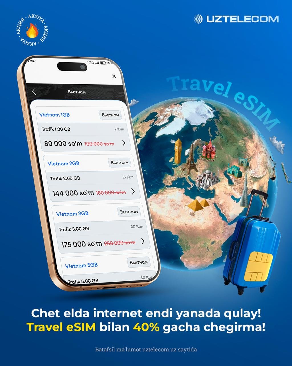 ✈️ Chet elda mobil internetdan foydalanish UZTELECOM bilan yanada qulay: Travel eSIMga 40% gacha chegirmalar